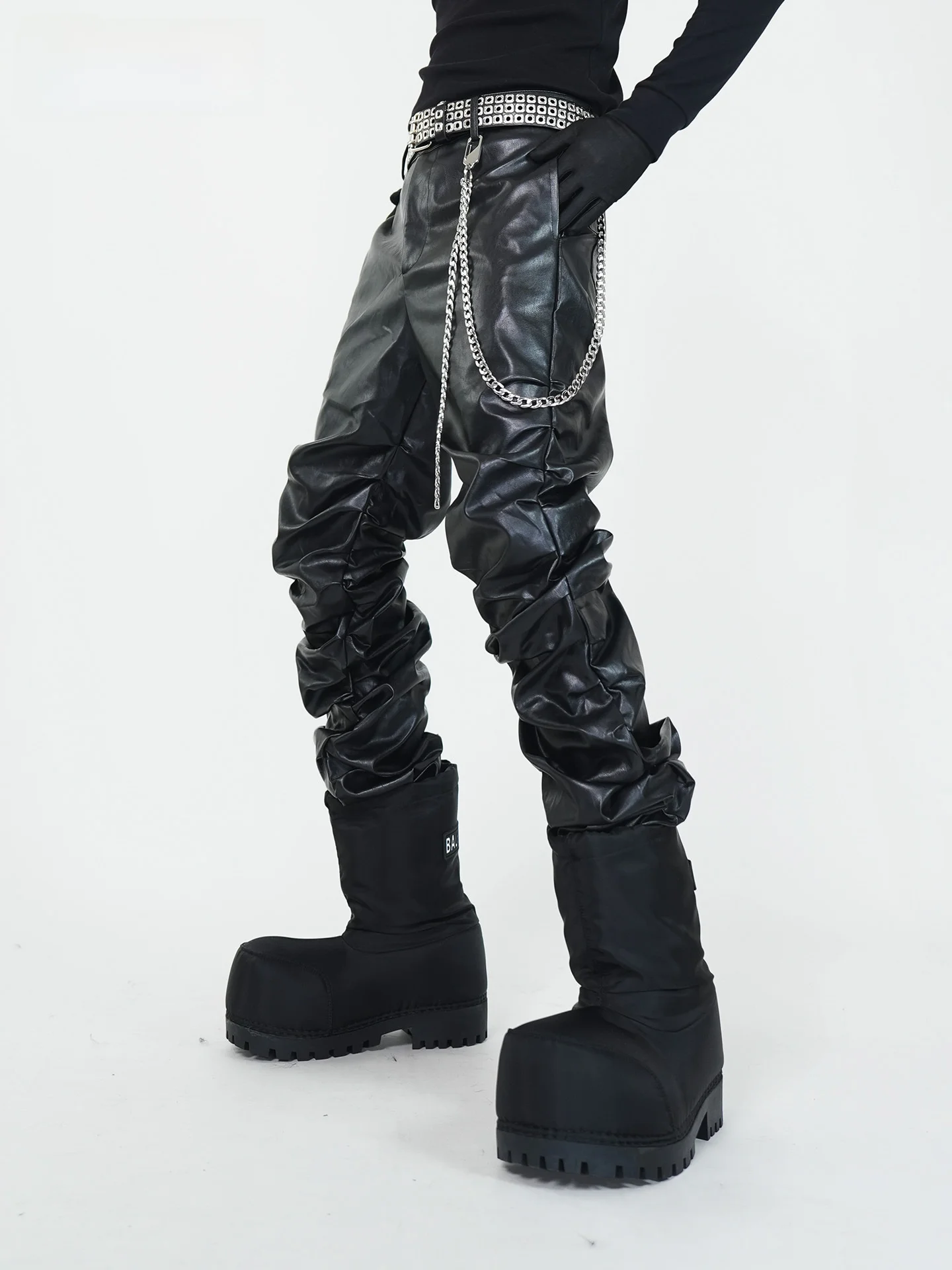 Subculture Men's Faux Leather Pants Folded Straight Floor-Length Trousers Windproof Youthful Pure Color Autumn Winter