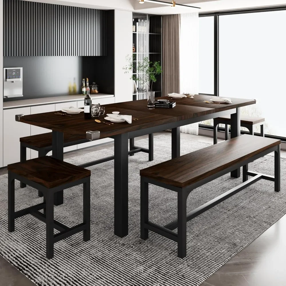 

Customizable Dining Table Set for 4-8 People - Extendable Kitchen Table with 2 Benches & 2 Square Stools | Mid-Century