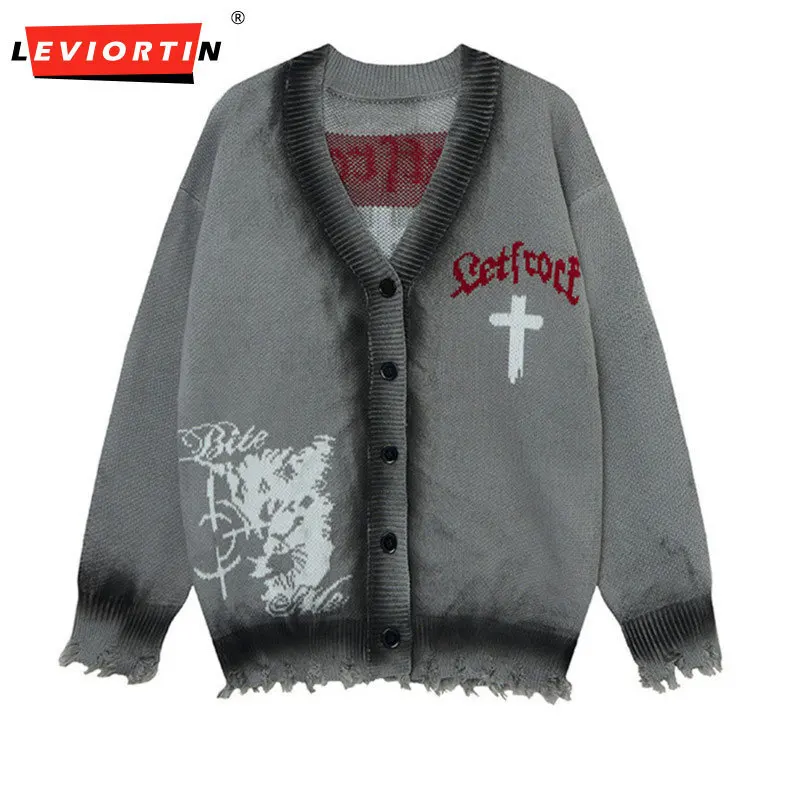 

Men's Fashion Versatile Cross Damaged Loose Sweater Heavy duty Spray Painting Making Old Dirty V-neck Knitted Cardigan Coat