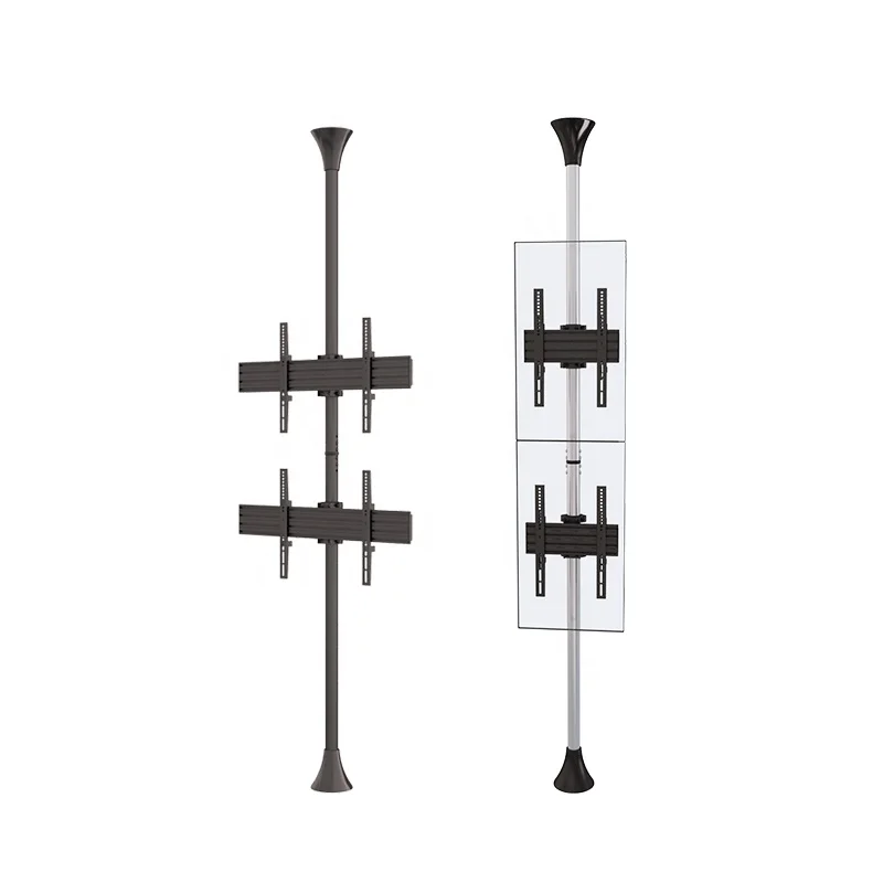 Single Pole Floor to Ceiling Height Adjustment High Loading Capacity Digital Signage TV Mount Stand for Dual Screens