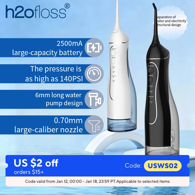 

H2ofloss Water Flosser For Teeth Portable Oral Irrigator Dental Water Jet High Pressure Cleaning Mouth Machine 300ML 4 Modes