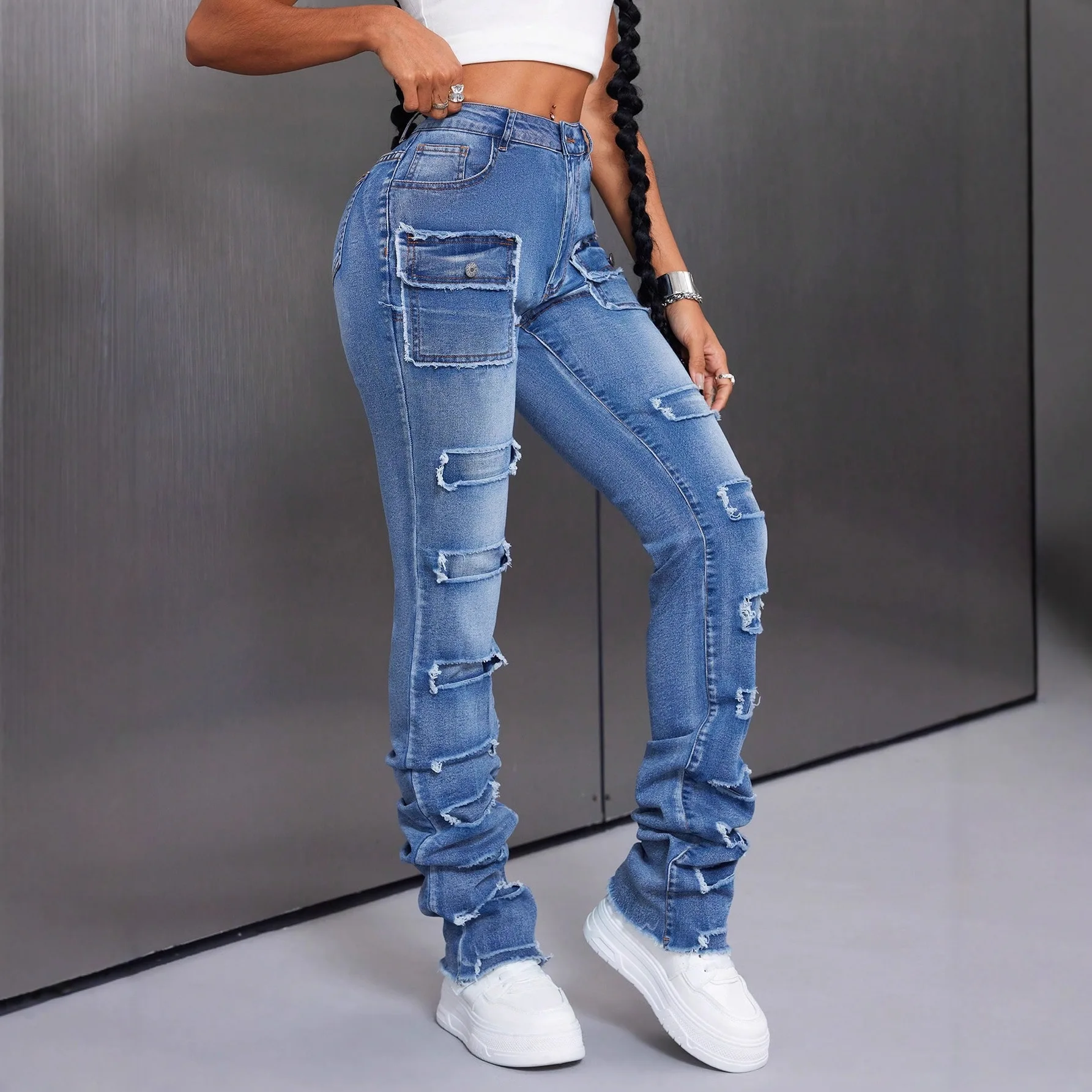 Jeans Straight Pants Women Double Hole Denims Trousers Streetwear High Waist Stretch Distressed Washed 2025 Vintage Floor Length