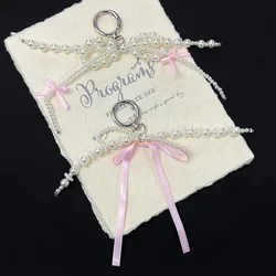 Pearl String Keychain with Pink Bow Key Chains For Women Bag Camera Phone Case Charms Decoration Girl Gift Y2k Kpop Jewelry