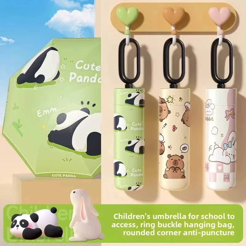 

Cute Panda Kids Manual Folding Umbrella UPF 50+ Sun Protection,Lightweight Backpack Hook School Safe Rain Umbrella for Kids