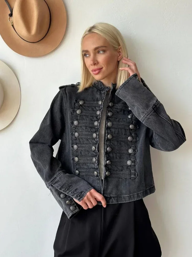 

Women Vintage Denim Military Jacket Retro Solid Round Neck Single Breasted Slim Short Jackets 2026 Lady Daily Street Outerwears
