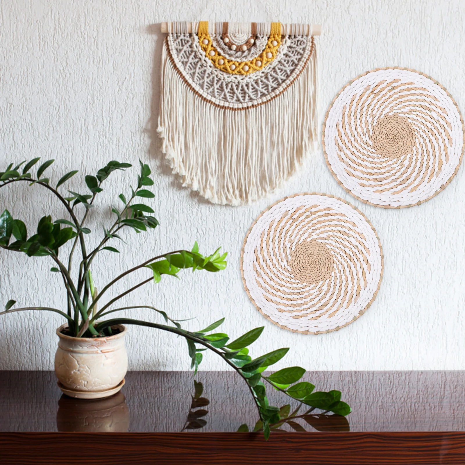 

Boho Woven Baskets Hanging Art Round Flat Baskets For Home Bedroom Garden Decorative Wall Hanging Basket Ornament Bohemia Style