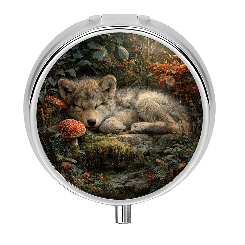 1 Medicine Box, 3-Compartment Sleeping Scene Featuring Timber Wolves, Mini Medicine Box, Medication Storage Box, Unique Gift for Travel