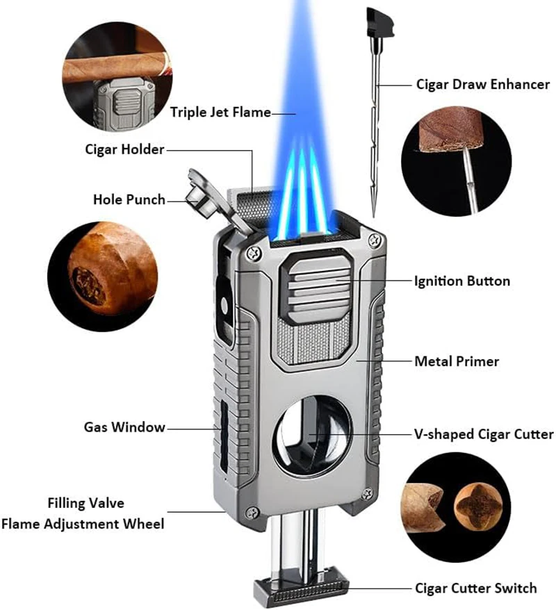 Multi-function Three-jet Windproof Flame Cigar Lighter V-shaped Cigar Cutter Cigar Drill Cigar Thru Needle Visual Gas Window