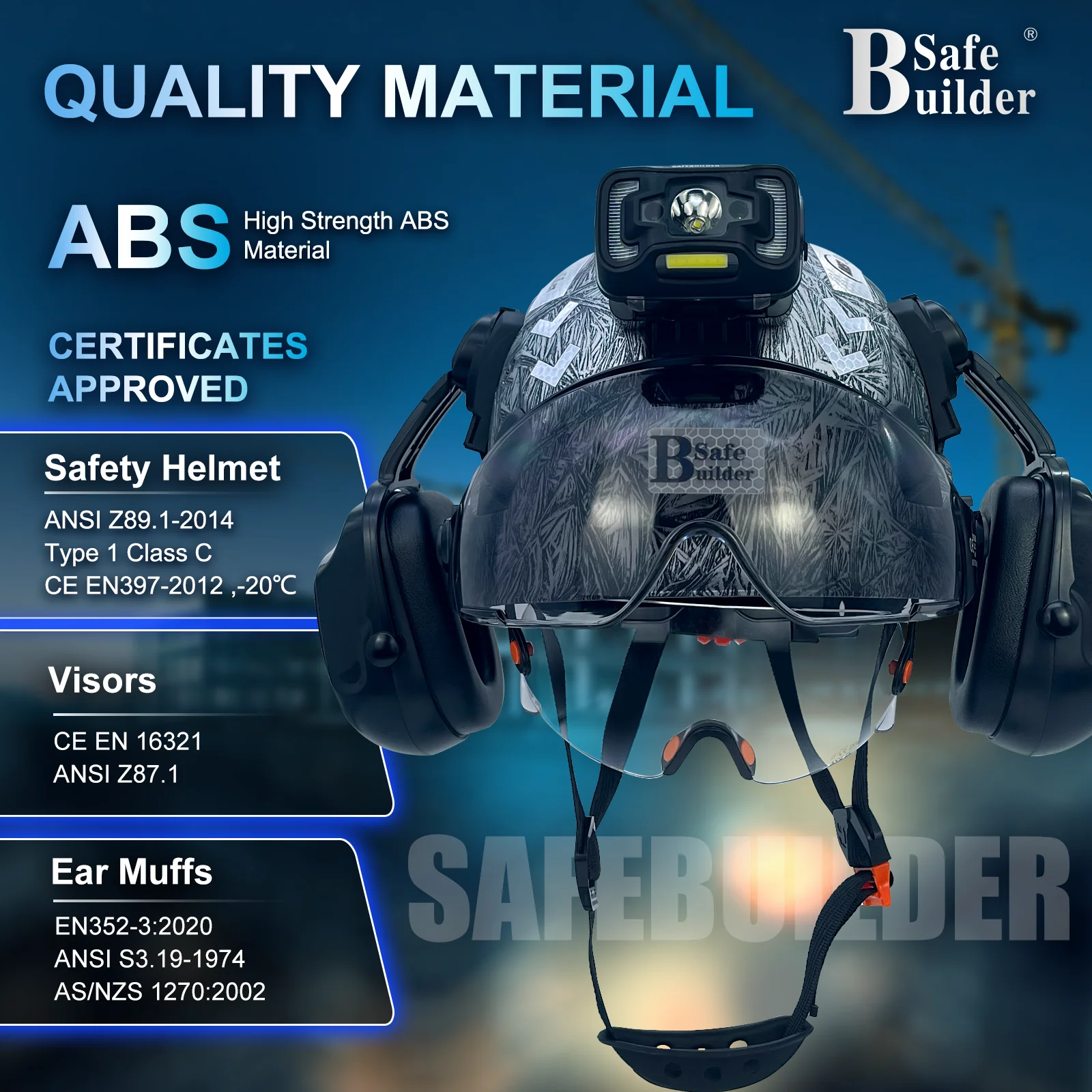 قبعة صلبة للسلامة الصناعية CE EN397 مع قناع وخوذة أمان للمصابيح الأمامية المدمجة للعمل الصناعي الخارجي #4