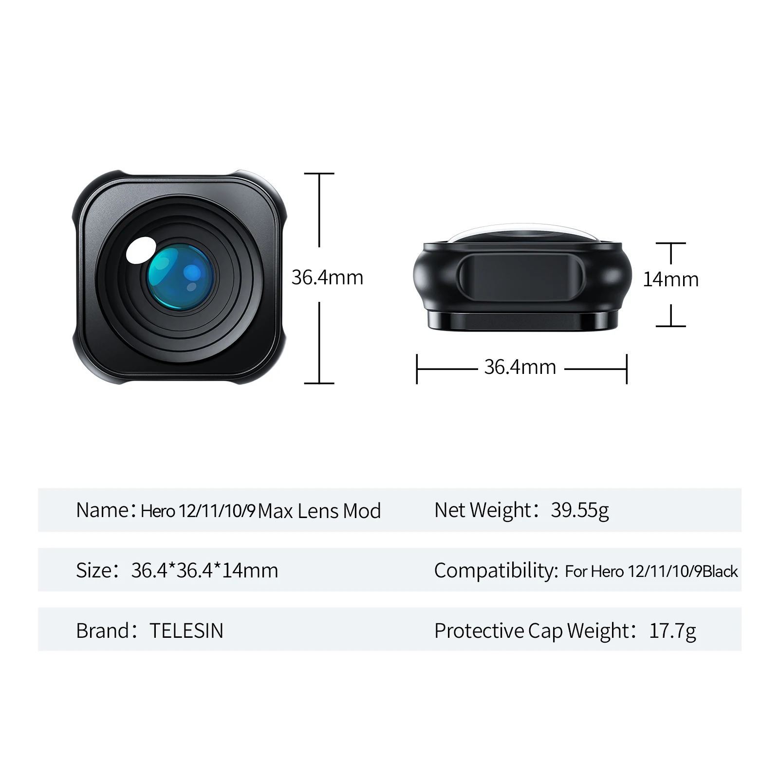 TELESIN Lens Mod for GoPro Hero 9 10 11 12 Black Anti Shake Aluminum Alloy Water proof Lens Ultra-wide Angle 155 Degree Lens