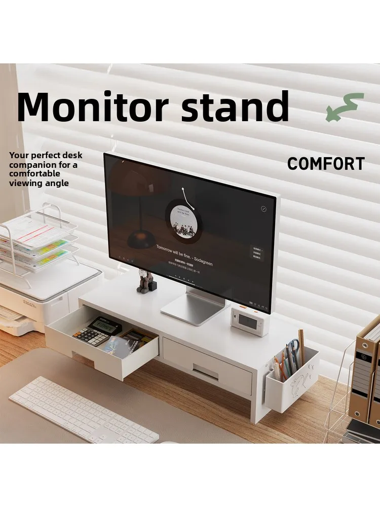 Desktop Computer Riser Stand Office Desk Organizer Box Monitor Base Support with Drawer Cooling Function Multi-Functional Sto...