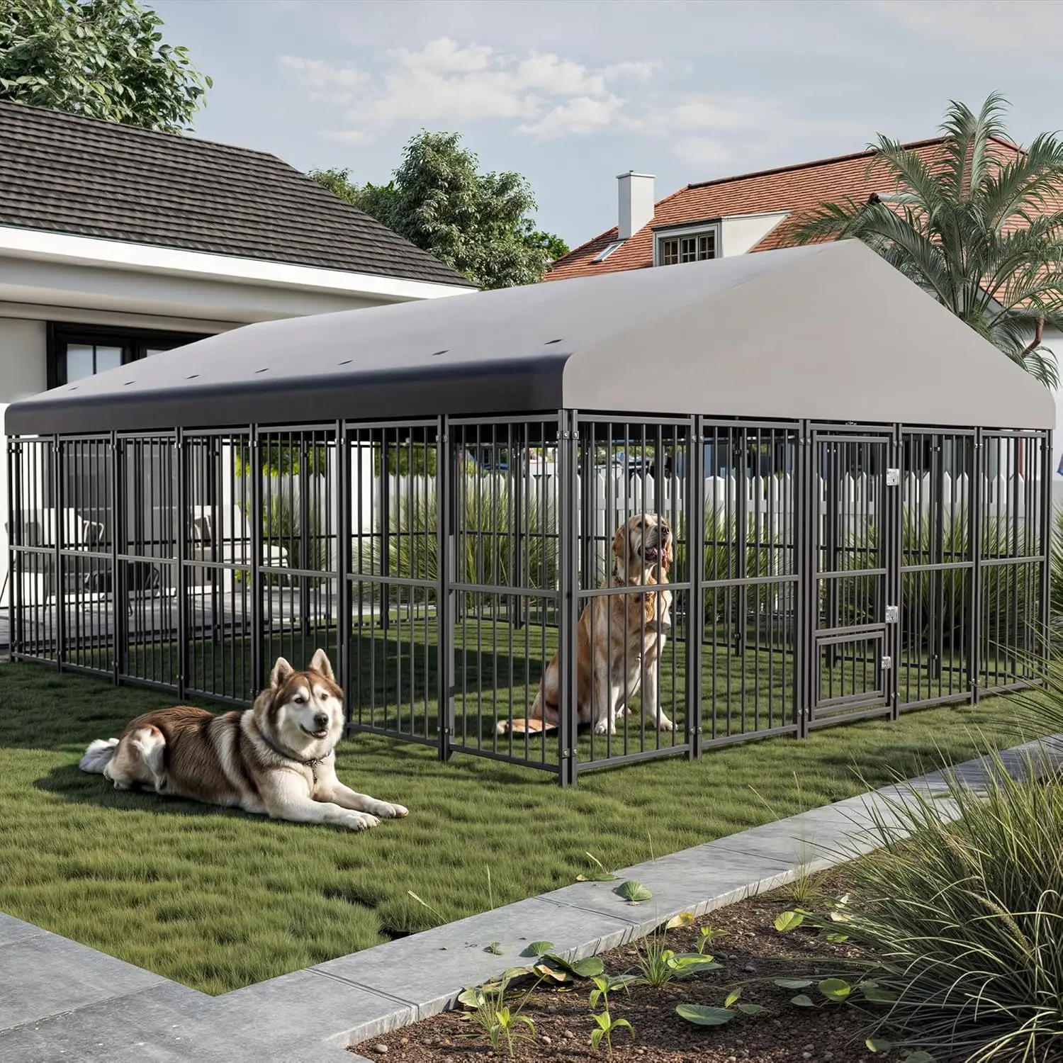 

Large Dog Kennel Outside 10X14FT Heavy Duty Dog Cage with Feeding Door, Outdoor Dog Run with Roof and Double Safety, Customized