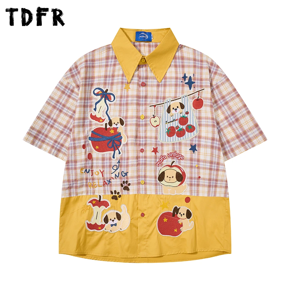 

Cartoon Embroidery Short Sleeve Plaid Shirts Mens Patchwork Summer Retro Casual Single Breasted Lapel Loose Half-Sleeve Shirts