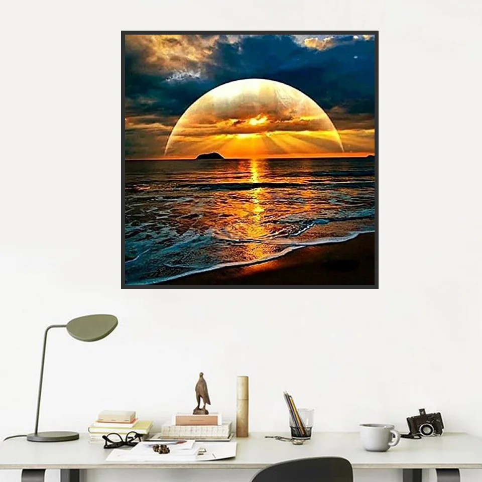 AB Drills 5D Diamond Embroidery Moon Rhinestone Mosaic Sea Diamond Painting Sunset Scenery Cross Stitch New Arrival Home Decor