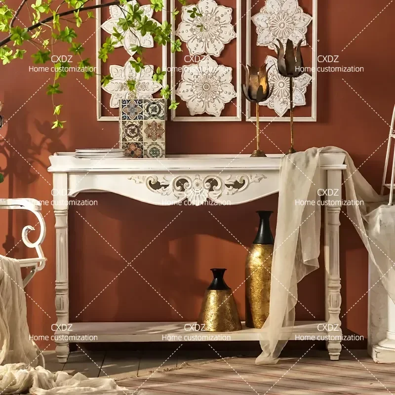 Retro Solid Wood Entryway Table with Carved Details Luxury Home Decor Storage Console Dining Side Table High End Furniture
