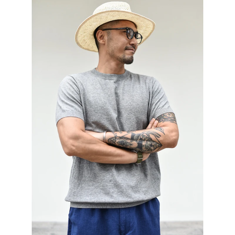 Sauce Zhan  Men's Summer T-shirt Knit Short Sleeve Mixed Color Classic Crew Neck Loose Fit