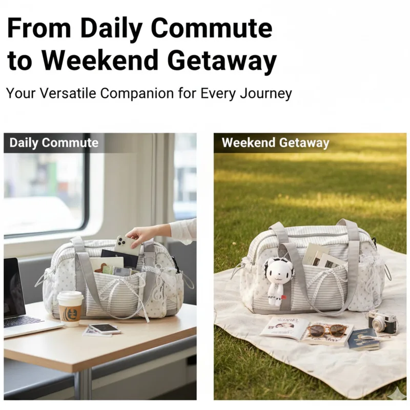 Tas Tote Musik Motif Bintang Gelombang Titik Pita Korea Tas Travel Bergaris Resleting Tas Selempang Kerja Kapasitas Besar Tas Boston Baru