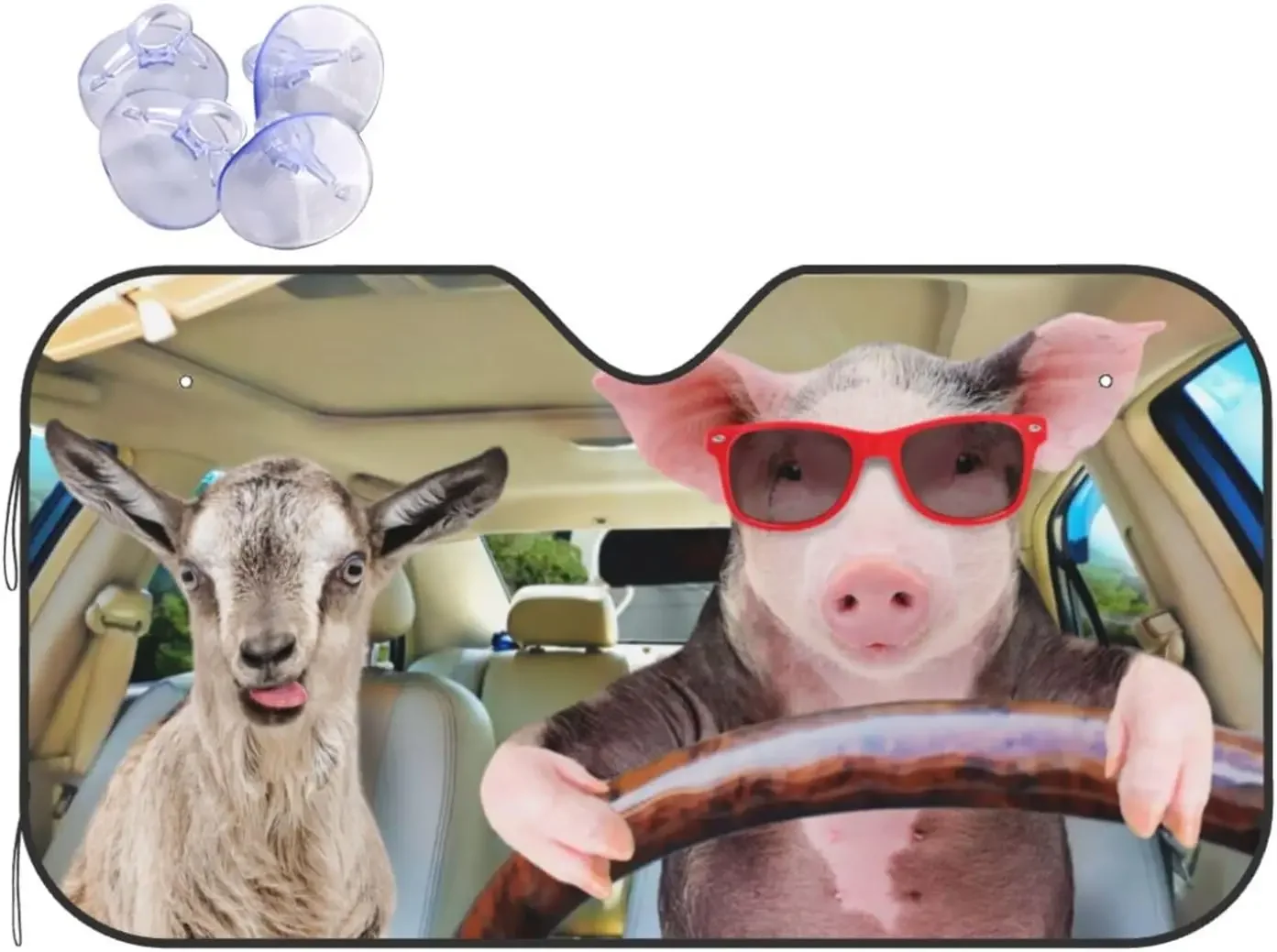 Funny Pig Goat Driving Car Pattern Car Sun Shade Front Window Sunshade for Most Sedans SUV Blocks Uv Rays Keep Your Vehicle Cool