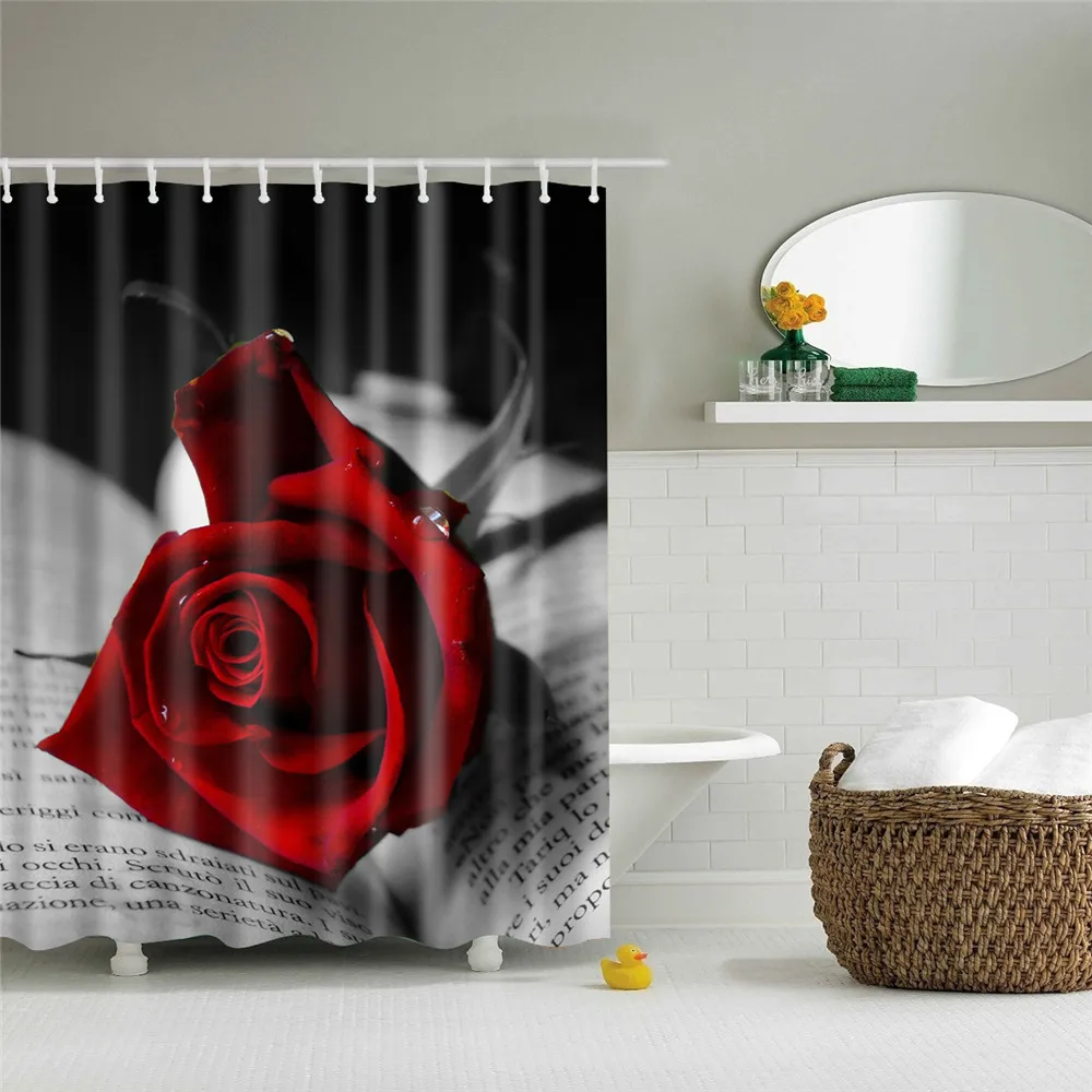 Rose Plum Blossom Flowers Print Waterproof Shower Curtain Washable Fabric Bath Curtain Home Bathroom Curtains with 12 Hooks