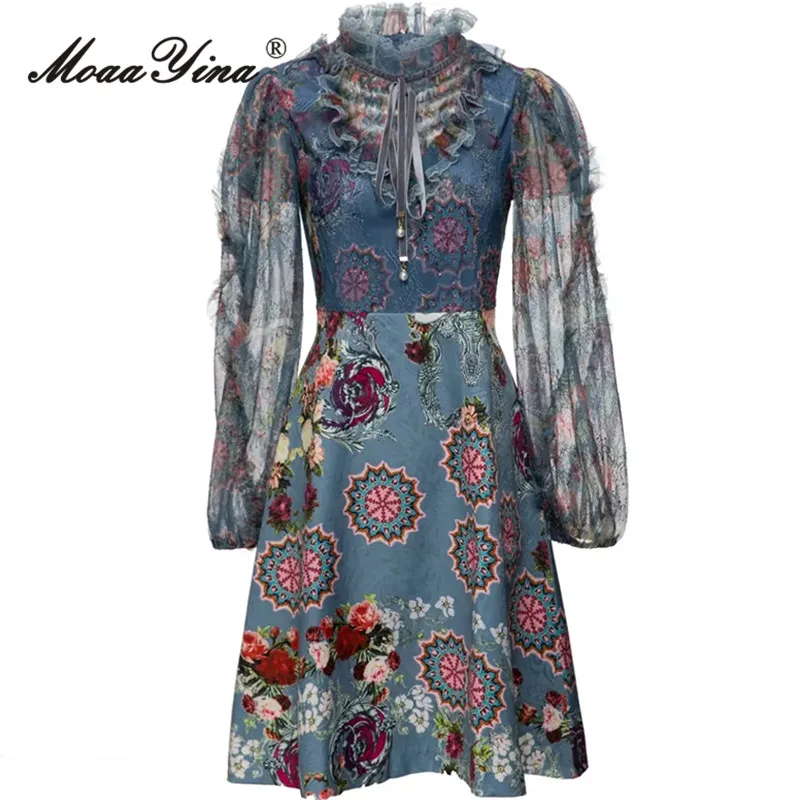 

MoaaYina Fashion Designer dress Spring Summer Women Dress Flounces Collar Net Yarn Lantern Sleeve Vintage Floral Print Dress