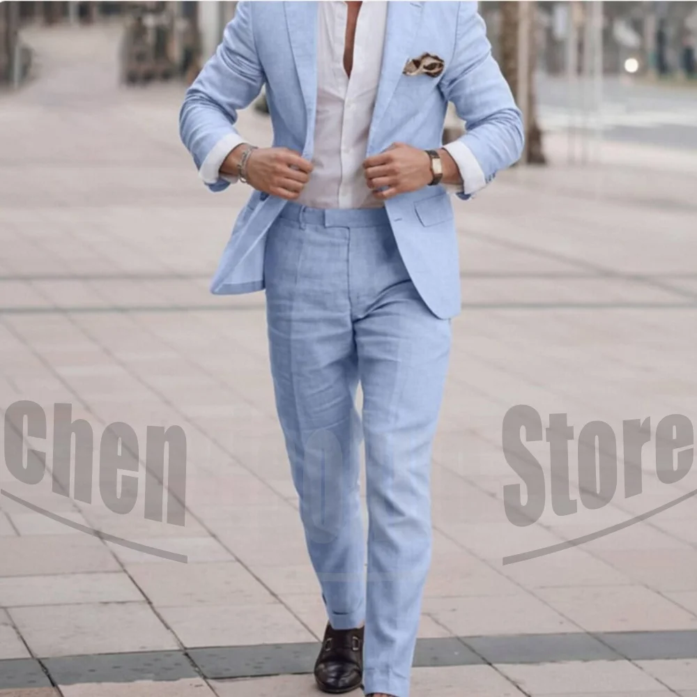 Chic Linen Two Piece Men Suit Notch Lapel Jacket Slim Pants Summer Holiday Beach Groom Smart Casual Male Wedding Tuxedo 2 Piece