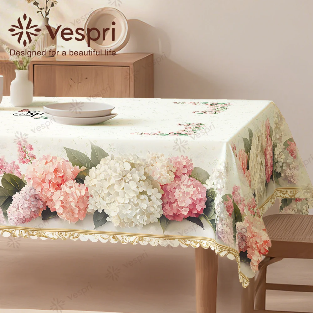 Vespri Frühlings-Blumen-Spitzen-Oster-Tischdecke Weiß-Gold Pastellfarben für Rechteckige Runde Ovale Tische