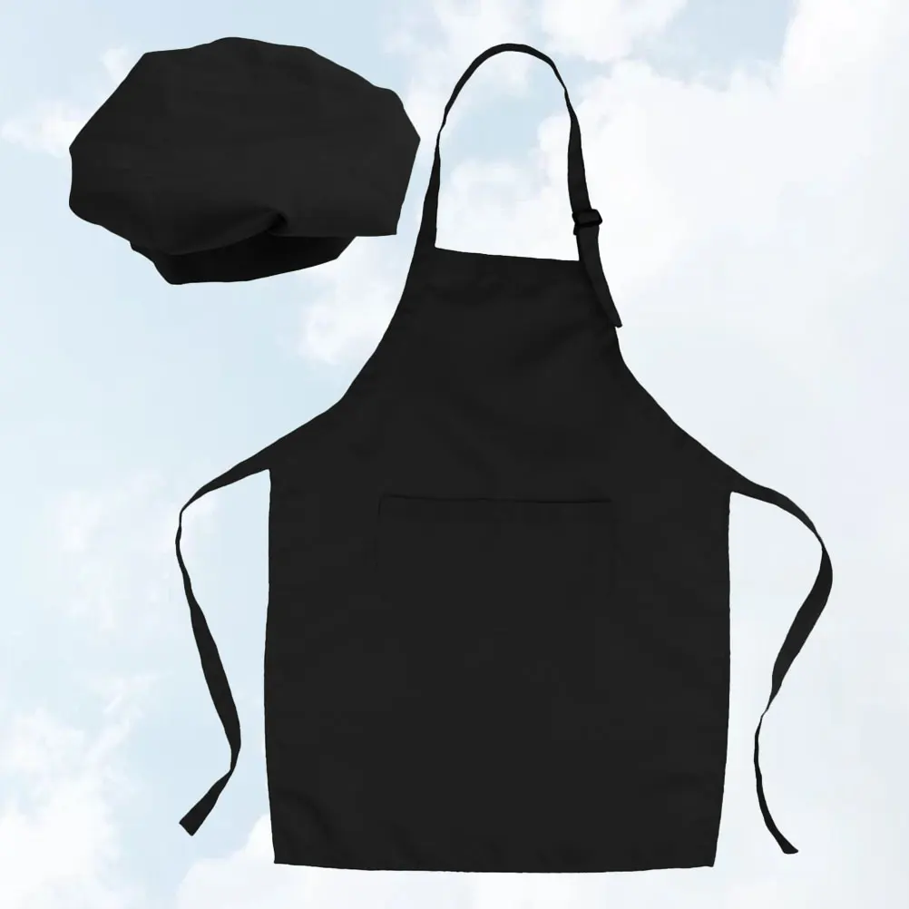 1Set Cooking Apron Hat Set Black Size L Adjustable Neck Waist Kitchen Baking Party Art Painting Clothes