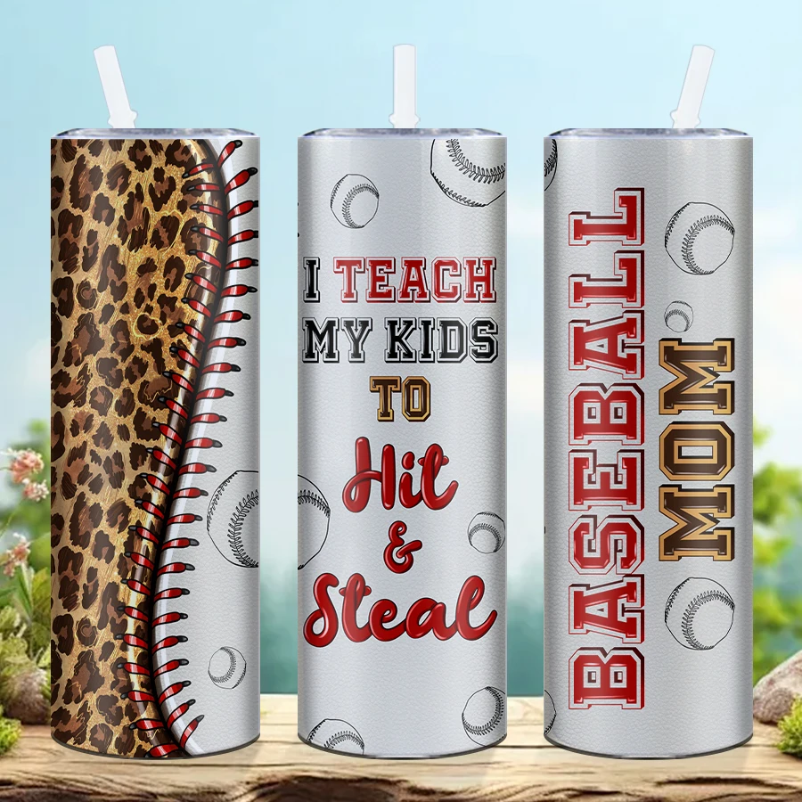 Leopard Print Baseball Pattern 20oz Stainless Steel Water Bottle With Lid And Straw Insulated Straight Cup For Mother\'s Day Gift