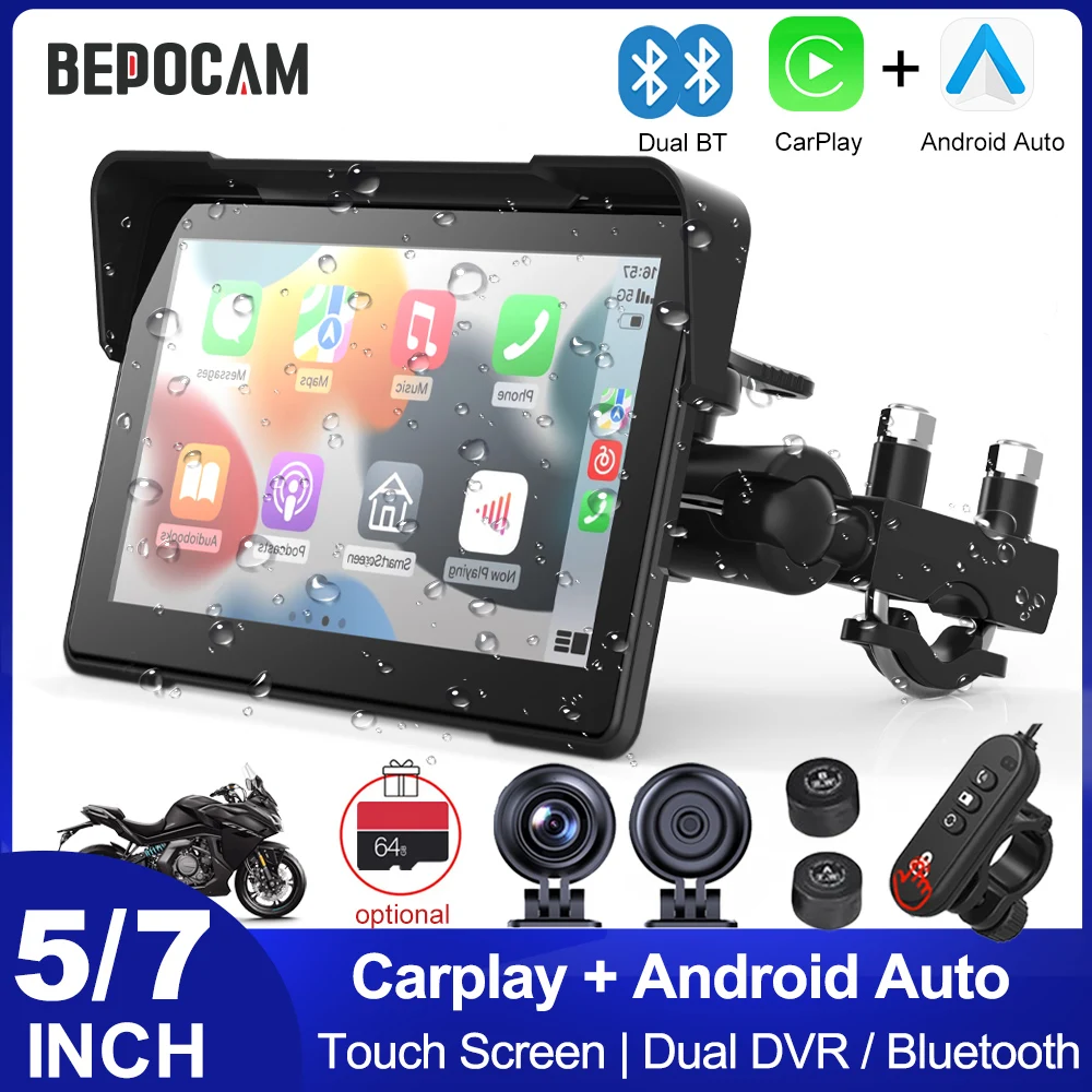 

BEPOCAM 5/7 дюймов Carplay мотоцикл видеорегистратор навигация GPS беспроводной CarPlay Android Auto Airplay экран портативный мотоцикл монитор
