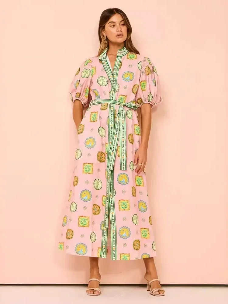 2024 Summer Fashion Elegant Women's Commuting Style Long Dress Printed Waist Bubble Sleeve Single Breasted Robe