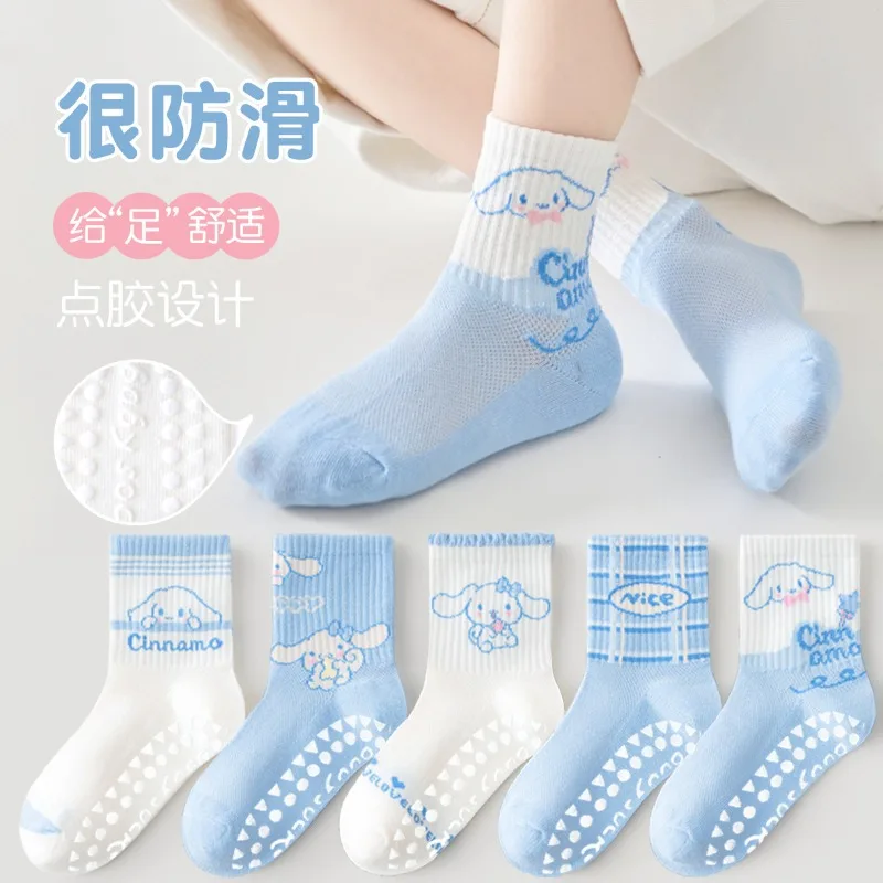 

5 Pairs Sanrio Cotton Anti-slip Mid-calf Socks For Boys Girls Spring and Summer Thin Floor Kids Children Sock With Rubber Grips