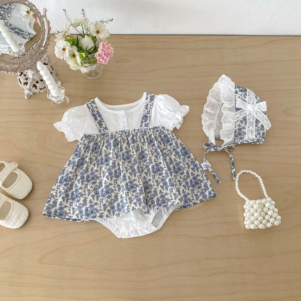 2Pcs/Set Baby Girl Floral Romper Dress + Hat Summer Short Sleeve Bodysuit with Floral Suspender Skirt 0-24m Infant Princess Outfit