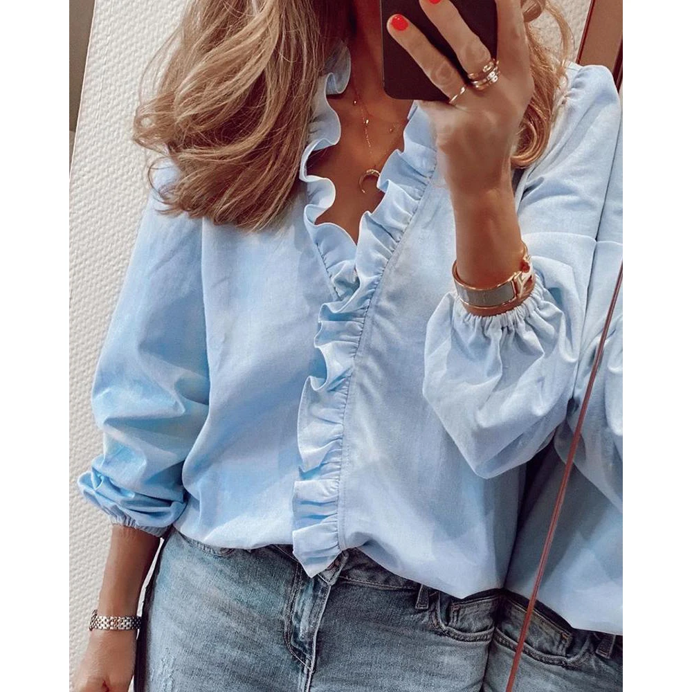 White Blouse Women Chiffon Ruffles Solid Loose Fit Womens Tops And Blouses Casual V Neck Lantern Sleeve Plus Size Shirts Tunic