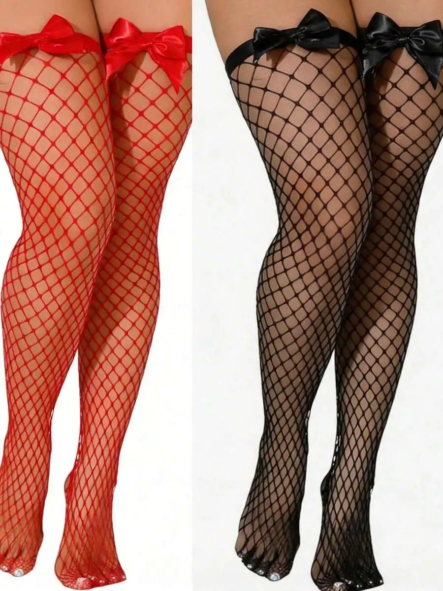 Medias de rejilla hasta el muslo con lazo decorativo, calcetines de rejilla elásticos con diseño de rejilla hueca sobre la rodilla, lencería de malla sexy y dulce para mujer