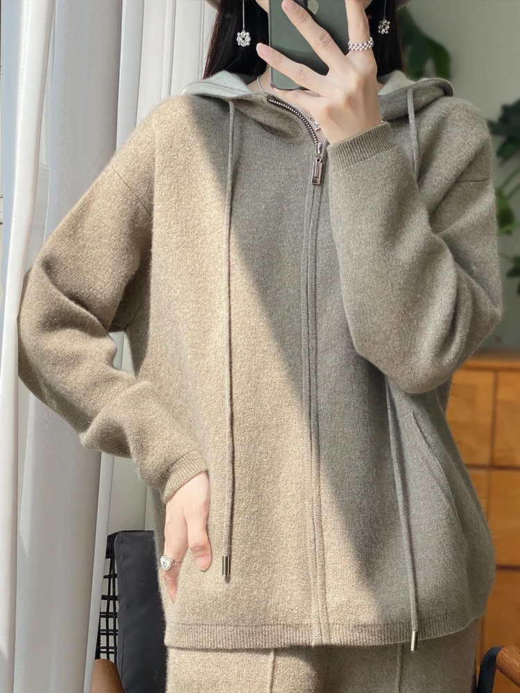 

2024 Spring Autumn Women Sweater Zipper Coat 100% Merino Wool Hoodie Cardigan Casual Loose Knitted Coat Korean Fashion Clothes