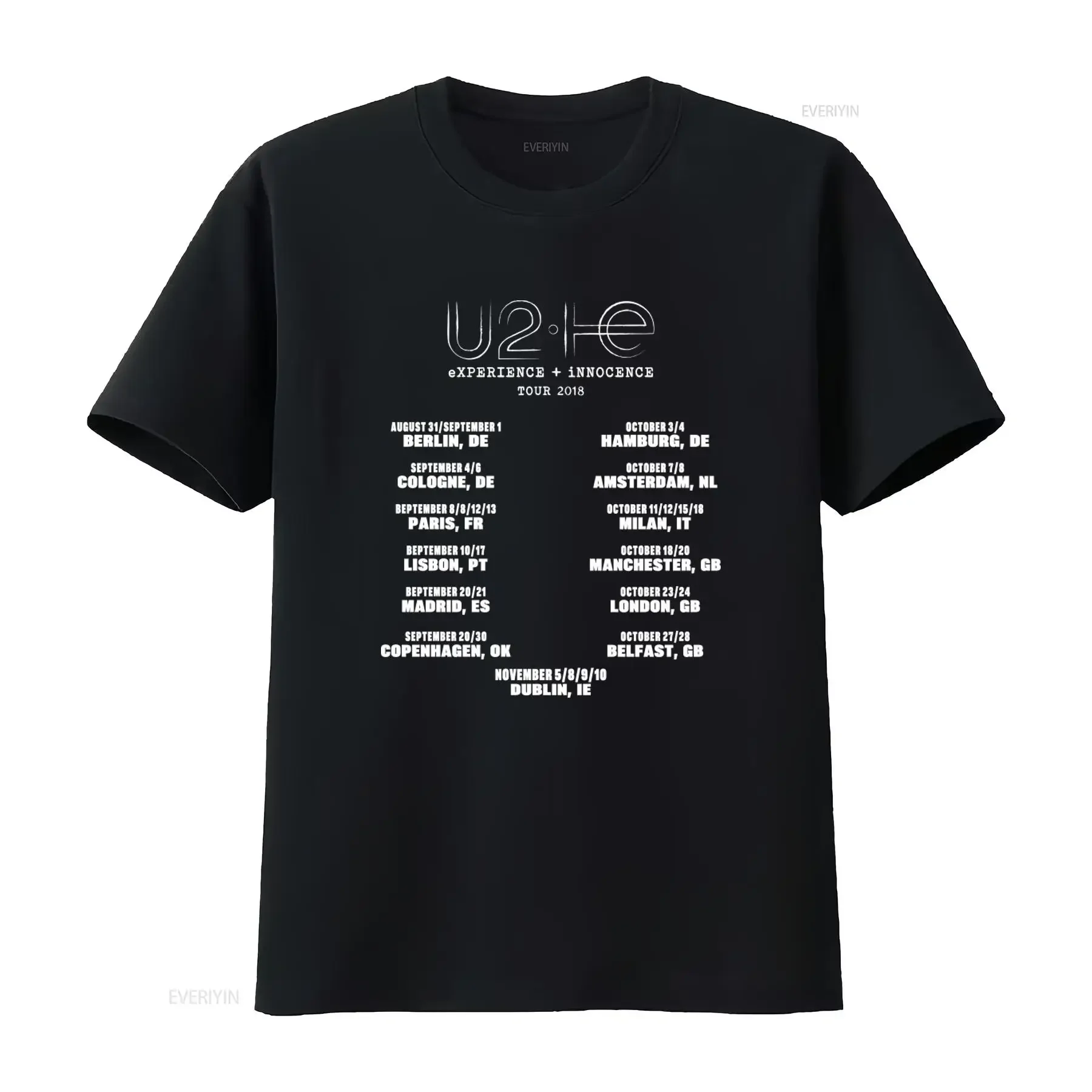 Camiseta preta com logotipo U2 2018 Tour Experience Innocence com estampa nas costas, edição limitada, gráfico vintage lavado e elegante