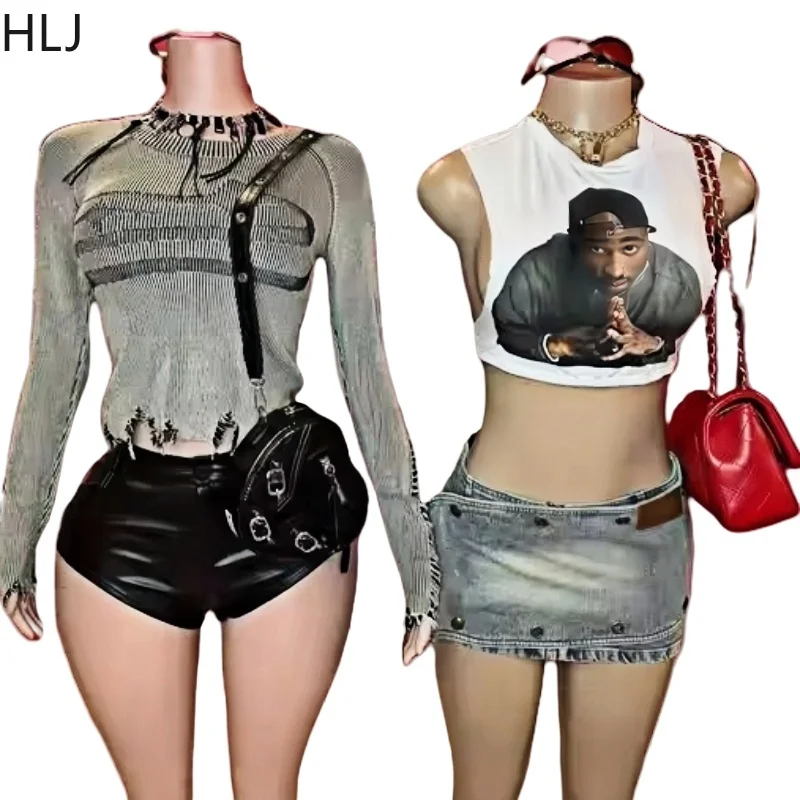 HLJ American Style Vintage Y2K Two Piece Sets Women Print Knitting Long Sleeve Top And Leather Shorts Outfits Fashion Streetwear