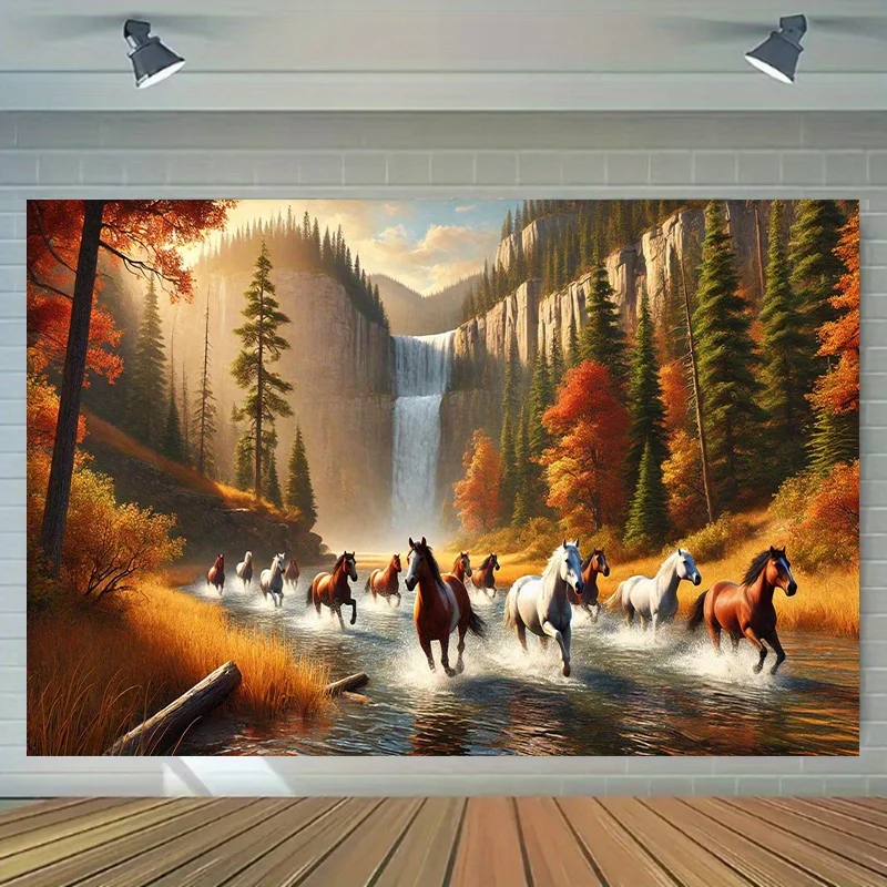 Galloping Horses in Autumnal Paradise Wall Tapestry for Living Room Decor, Featuring a Vivid Scene of Graceful Horses Sprinting