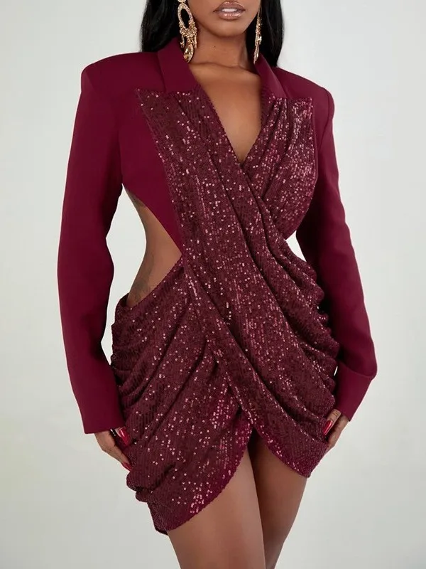 

Sexy Bal ort Dr Sparkling Sequins Ele Bal Gown mid Waist Long Sve V Ne Par Wear for Women