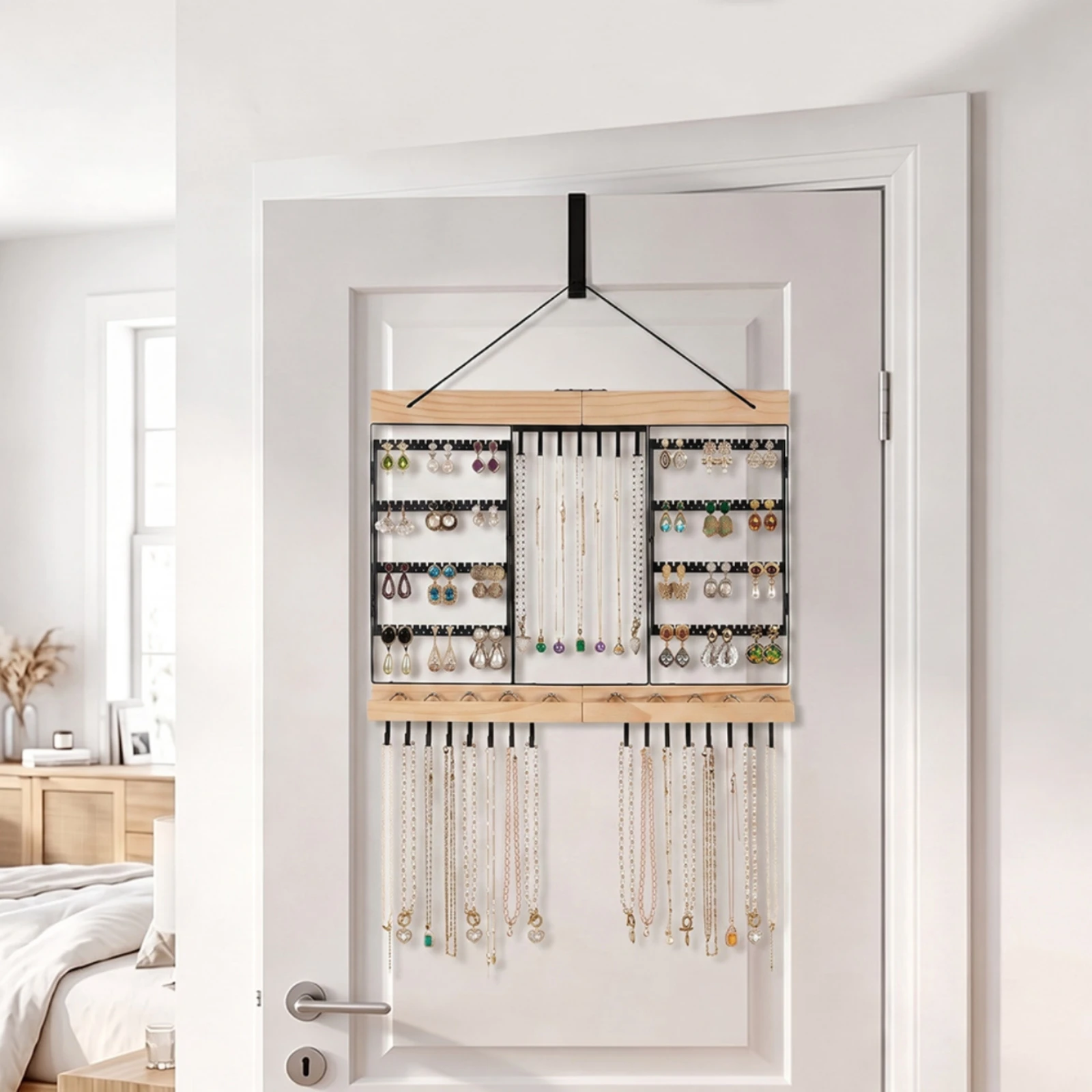 Wall Jewelry Organizer Wooden Wall Mounted Necklace Holder Jewelry Organizer with Hooks Space-Saving Decorative for Women