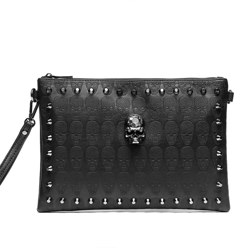 3D Skull Rivet Men's Clutches Fashion Clutch Bag Street Style Envelope Bag Skull Clutch Hand Bag Purse High Capacity Wallet Bag