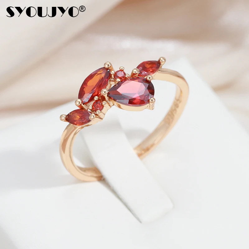 SYOUJYO Orange Red Natural Zircon Rings For Women 585 Rose Golden Luxury Bride Wedding Jewelry Party Gift