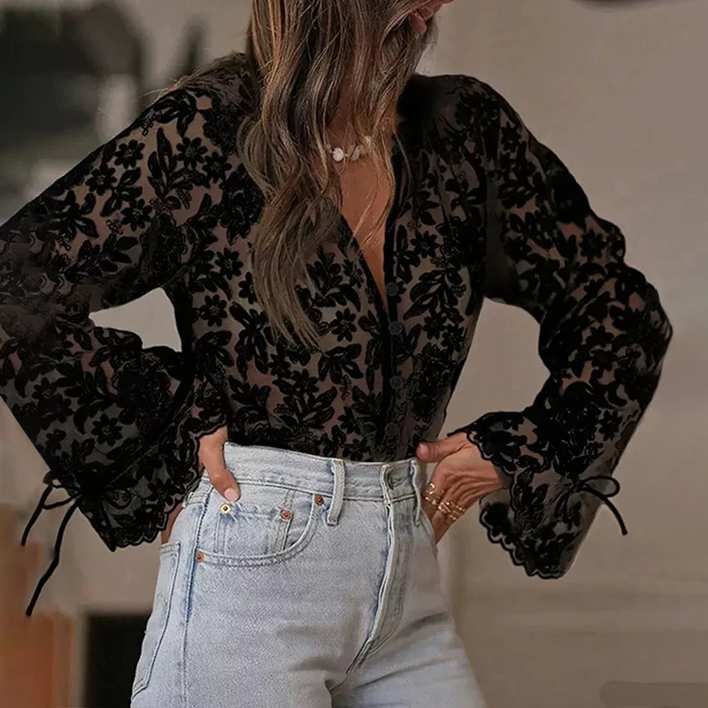 

Винтажные кружевные блузки OMSJ с цветочным принтом для женщин, прозрачные, на шнуровке, свободного кроя, на пуговицах, повседневные элегантные топы для улицы и клуба