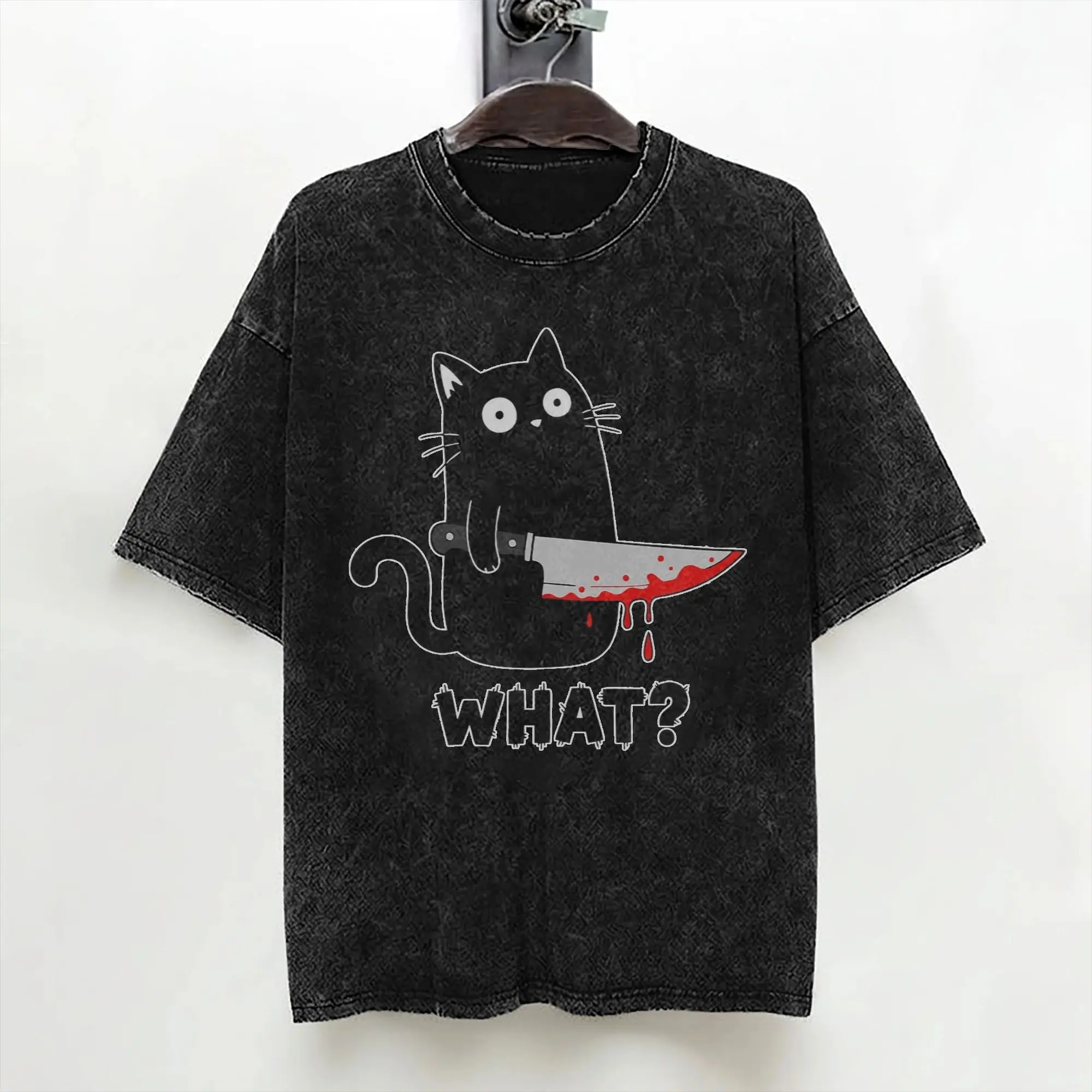 Murderous Cat With Knife Black Cat What  Washed T Shirts Streetwear Hip Hop T-Shirt  Tees Men Women Cotton High Street Printed