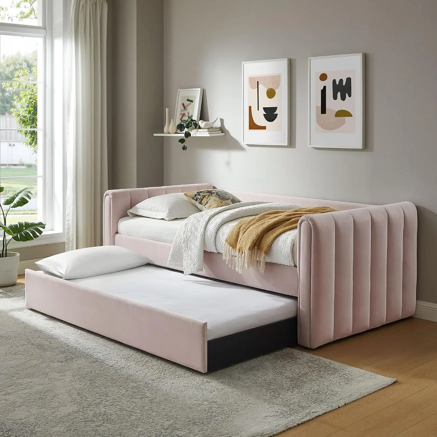 Pink Velvet Daybed with Twin Size Channel Tufted Upholstered Sofa Bed Wood Slat Support, Customized