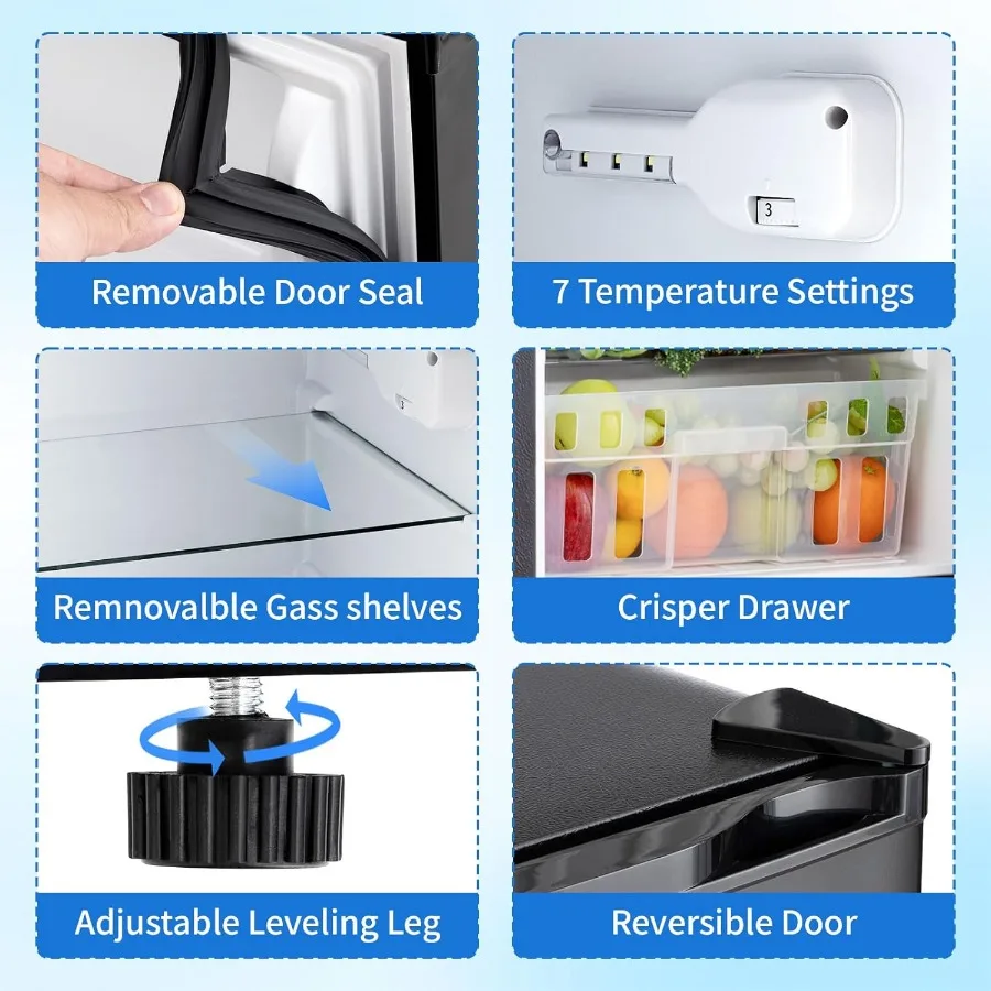 ثلاجة مدمجة 3.2 قدم مكعب ثلاجة صغيرة مع فريزر وإعدادات 7 درجات الحرارة للنوم أو الشقة تستخدم تصميم باب مزدوج