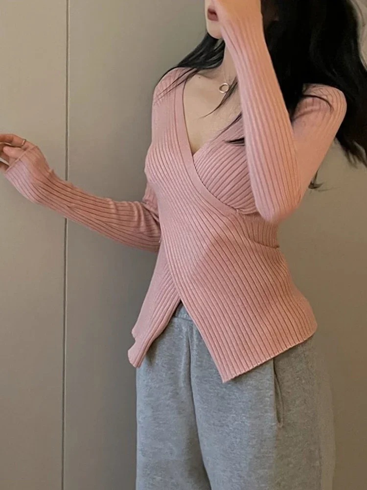 Irregular V-Neck Sweater For Women Long Sleeve Top Pullover Winter Knitted Sweaters Mujer Knitwear Korean Fashion Woman Clothes