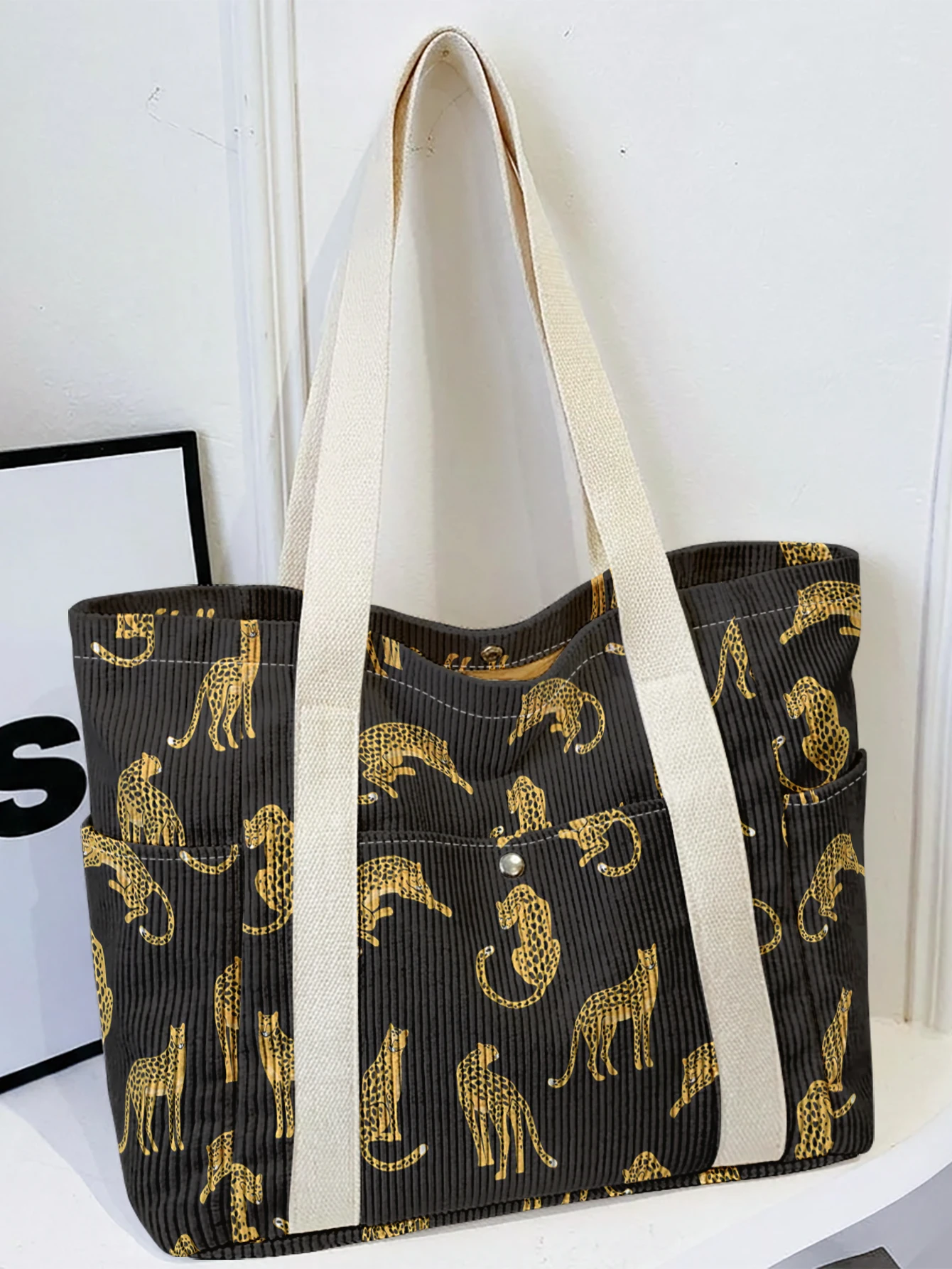 Leopard Print Corduroy Tote Bag, Large Capacity Multi Pocket Shoulder Bag for School Shopping Daily Use