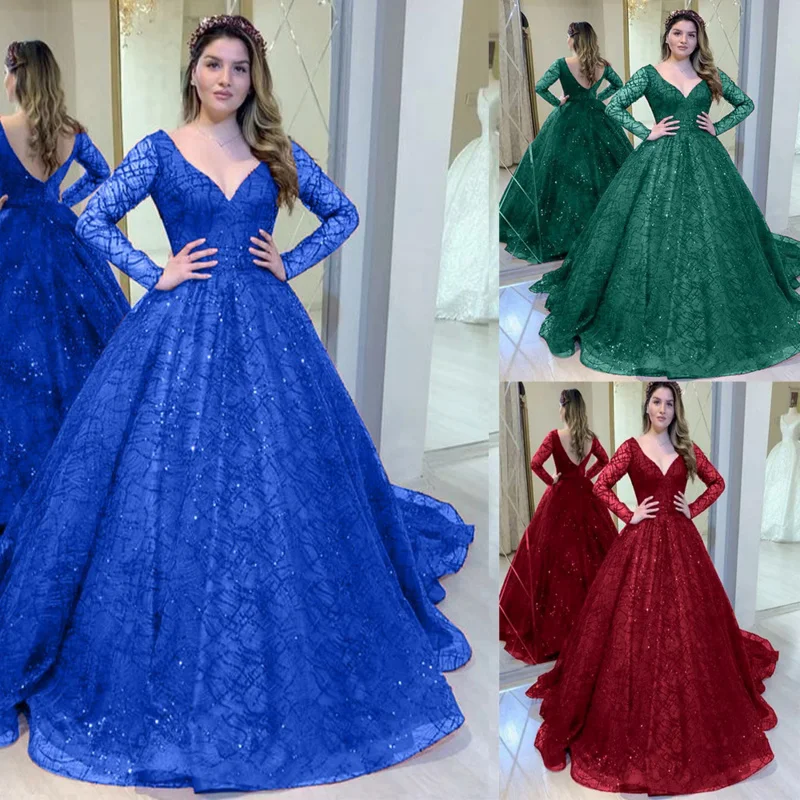 

Blue Wedding Dress Autumn Winter new long sleeve bead sequins big swing dress sexy V-neck bandeau dress new style