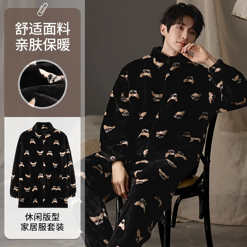 2024 New Coral Fleece Sleepwear for Man Thickening Round Neck Long Sleeve Man 2 Piece Set Fashion Pijamas for Man Zipper Pyjamas